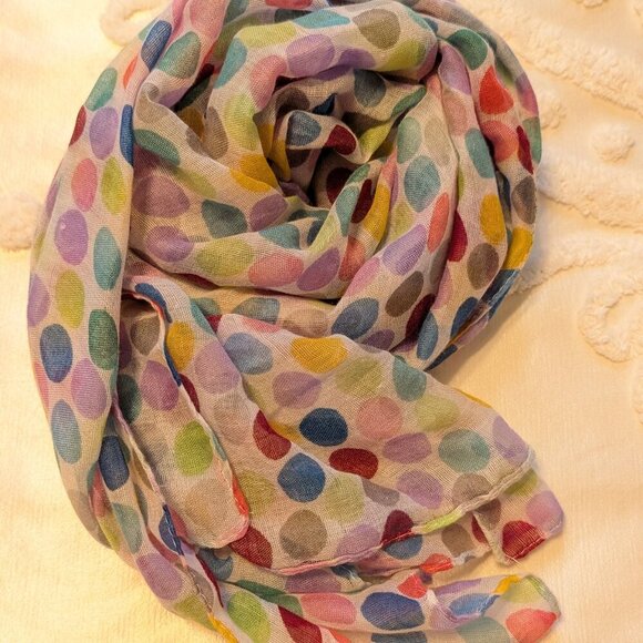 VINTAGE 1990s Style Dots rainbow polka dot on white semi sheer scarf EUC - Picture 4 of 6